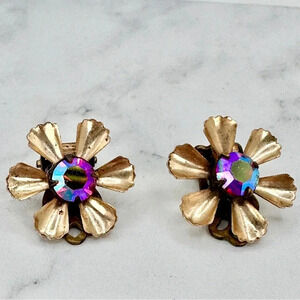 Vintage Aurora Borealis Flower Earrings Clip-On Gold-tone Estate Costume…